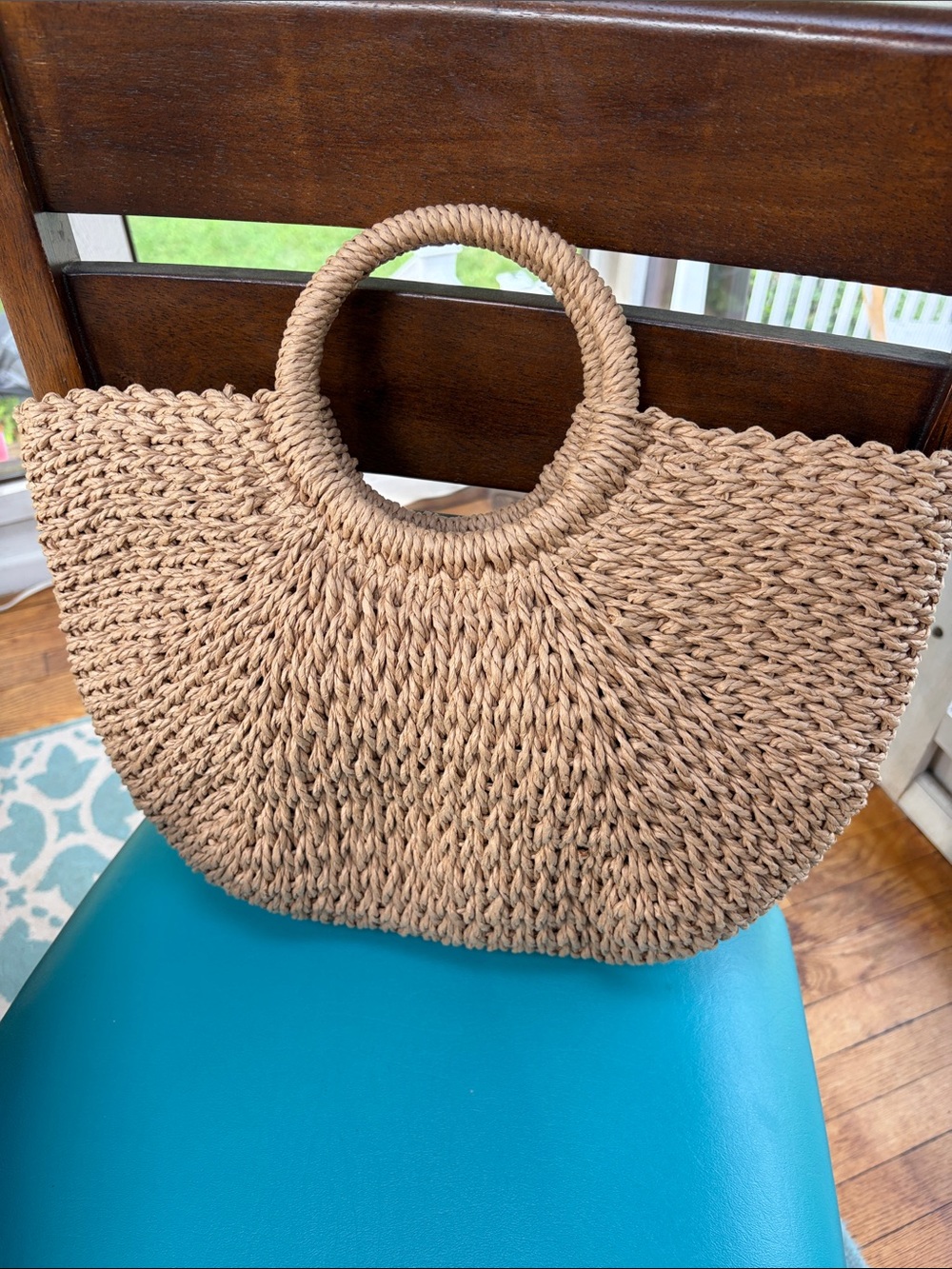 Woven Round-Handle Straw Tote in Tan like NEW